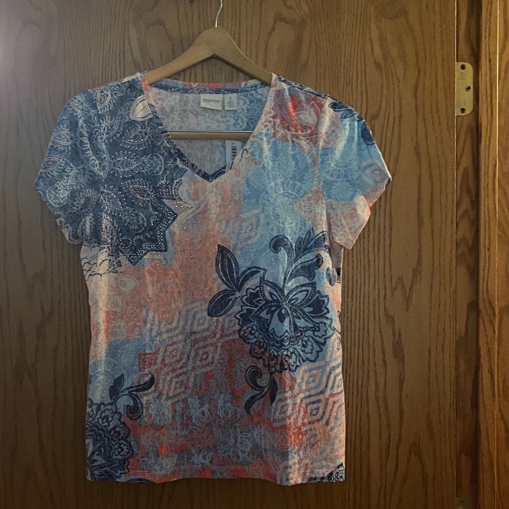 Blue and Orange Floral V-Neck Tee Chico’s Zenergy